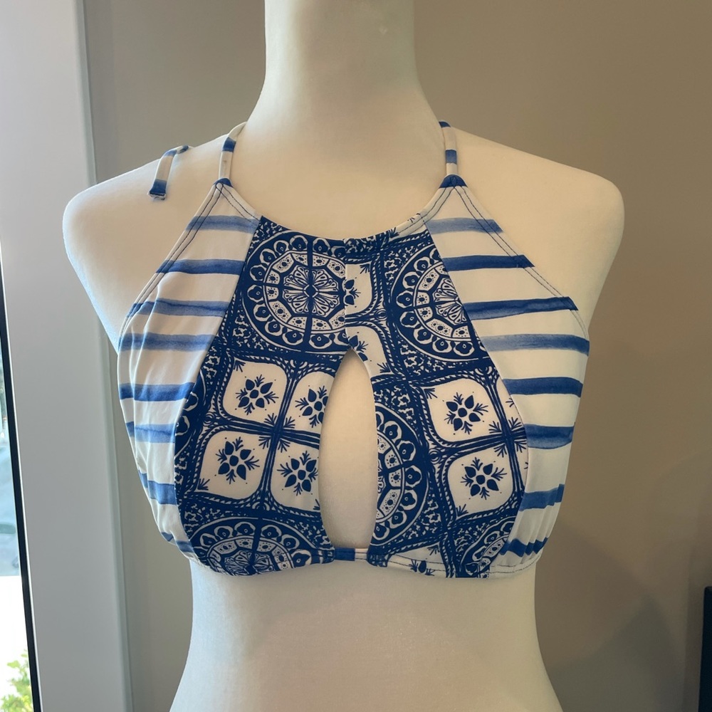 Blue Roxy Print Halter Swim Top with center cutout
